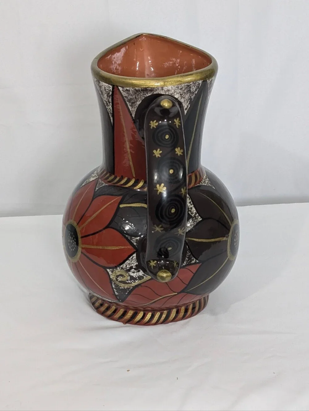 Vintage Postmodern Art Deco Floral Ceramic Pitcher Vase Black Gold